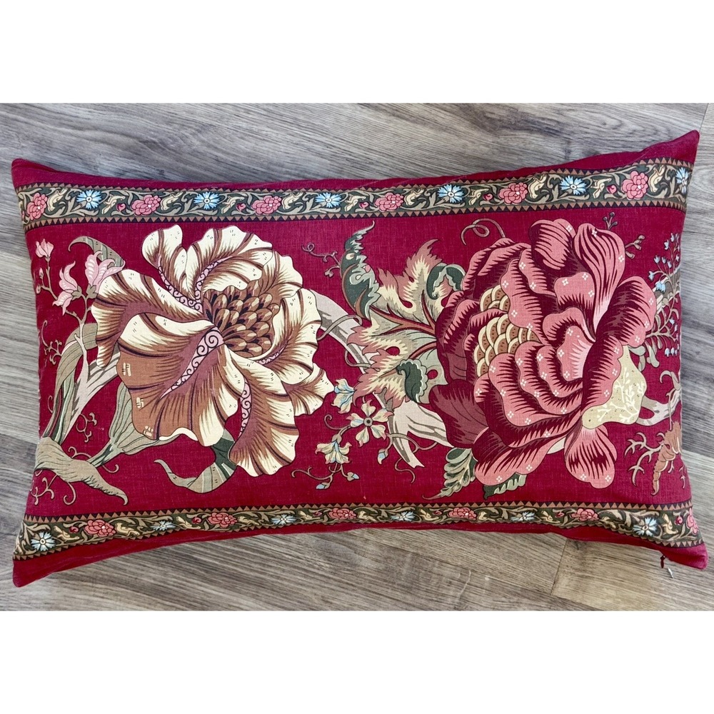 Pottery Barn Floral Red Down Feather Lumbar Pillow 16x26 Cottage Core Jewel Tone